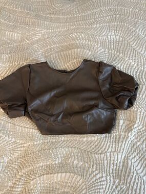 Faux Leather Puff Sleeve Crop Top in Chocolate Brown